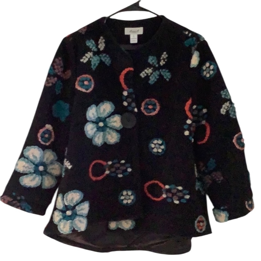 ANES A Vintage Black Boiled-Wool Blend Jacket w Floral Yarn Appliqué M EUC